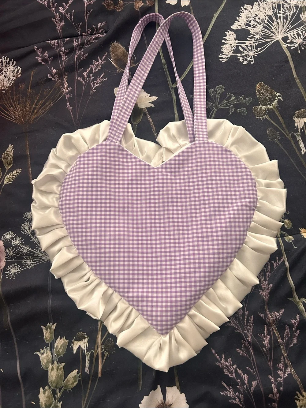 Handmade Lavender Gingham Heart Tote with Satin Cream Ruffle
